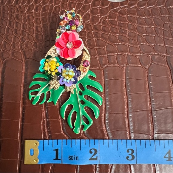 ZARA Gold & Multi Bright Tropical Floral Palm Leaf Dangle Statement Earrings - Picture 15 of 16
